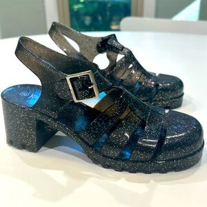 Goth Black Clear Sparkly Jelly Sandals with chunky heels- Size 8 New